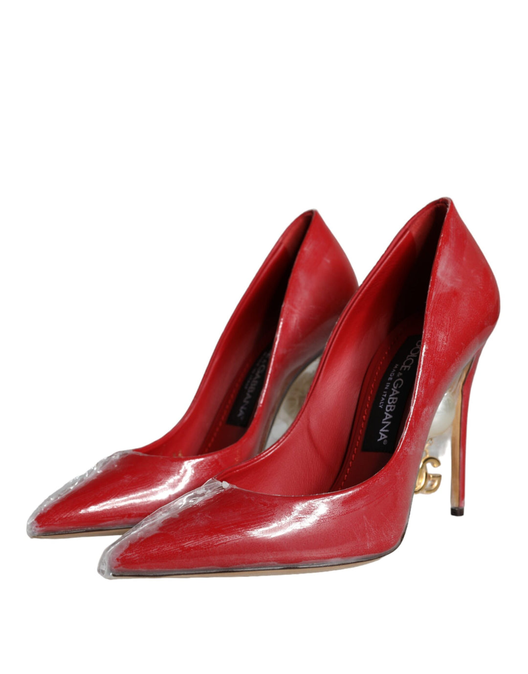 Dolce & Gabbana Red Patent Leather Faux Pearl Heels Pumps Shoes