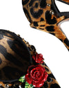 Dolce & Gabbana Brown Leopard Floral Crystal Ankle Strap Pumps Shoes