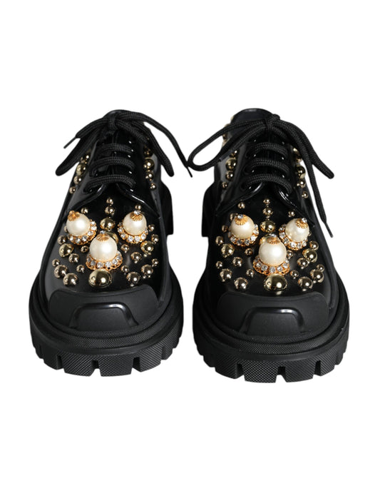 Dolce & Gabbana Black Leather Trekking Derby Embellished Shoes