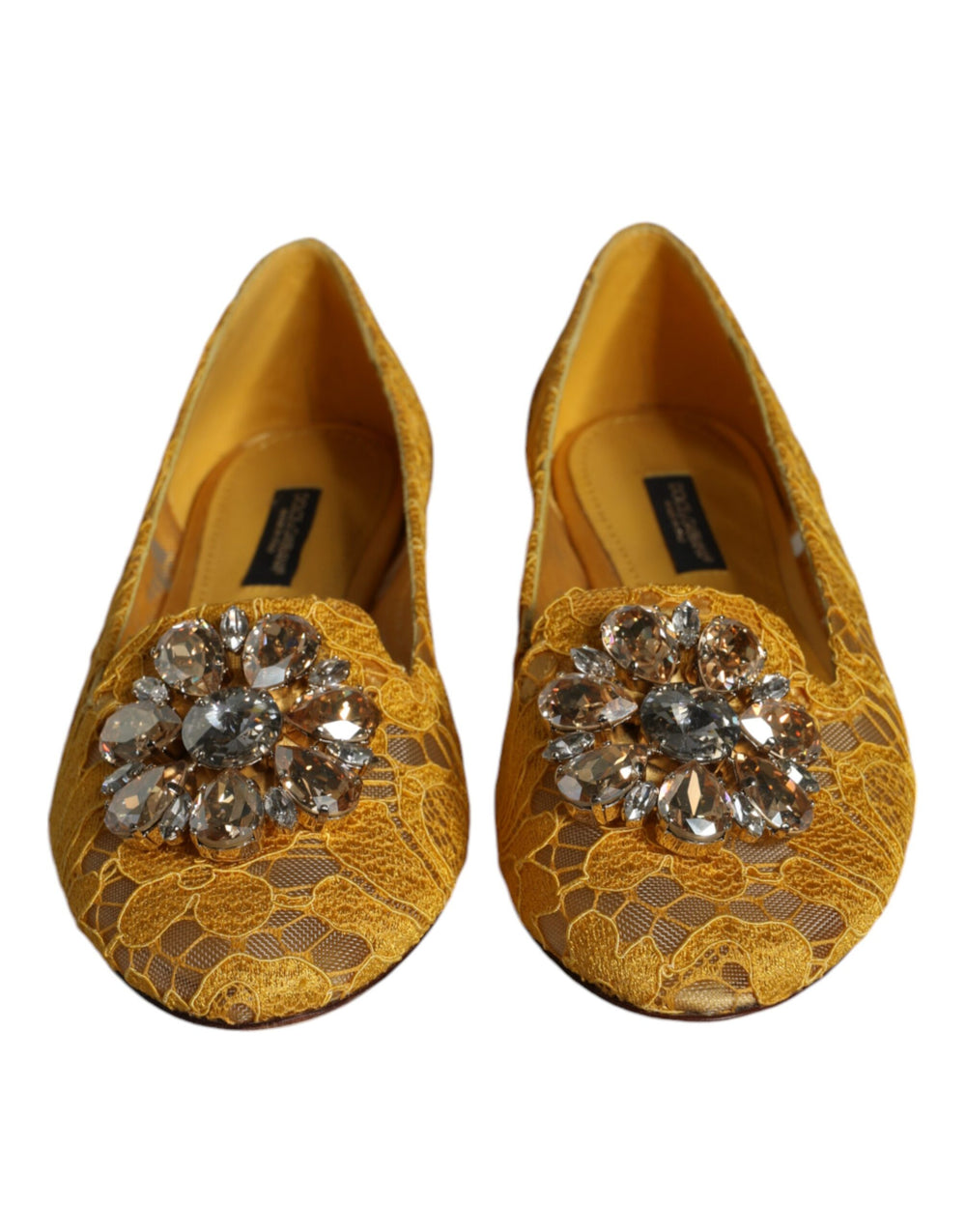 Dolce & Gabbana Mustard Lace Crystal Ballet Flats Loafer Shoes