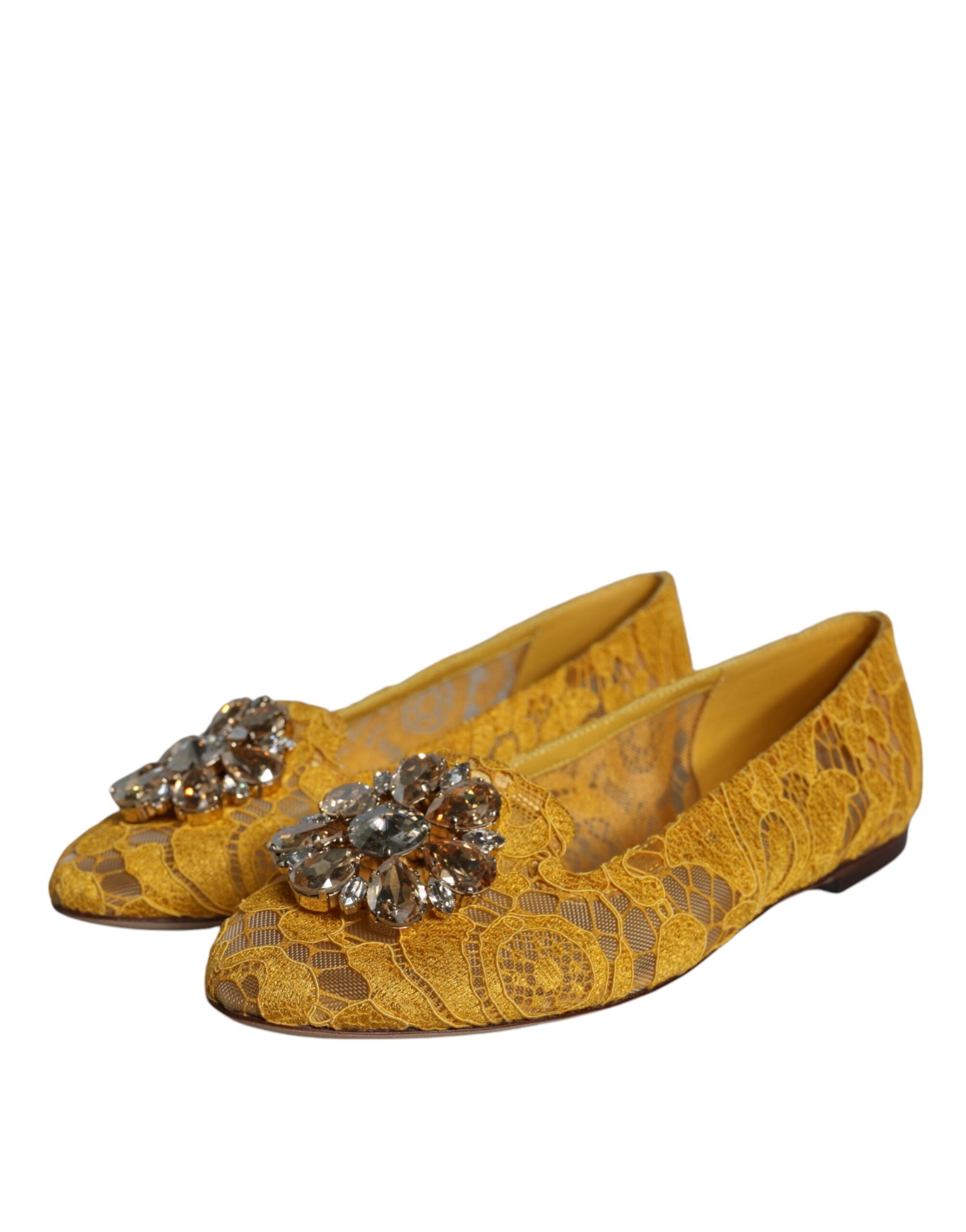 Dolce & Gabbana Mustard Lace Crystal Ballet Flats Loafer Shoes - ACCEXO