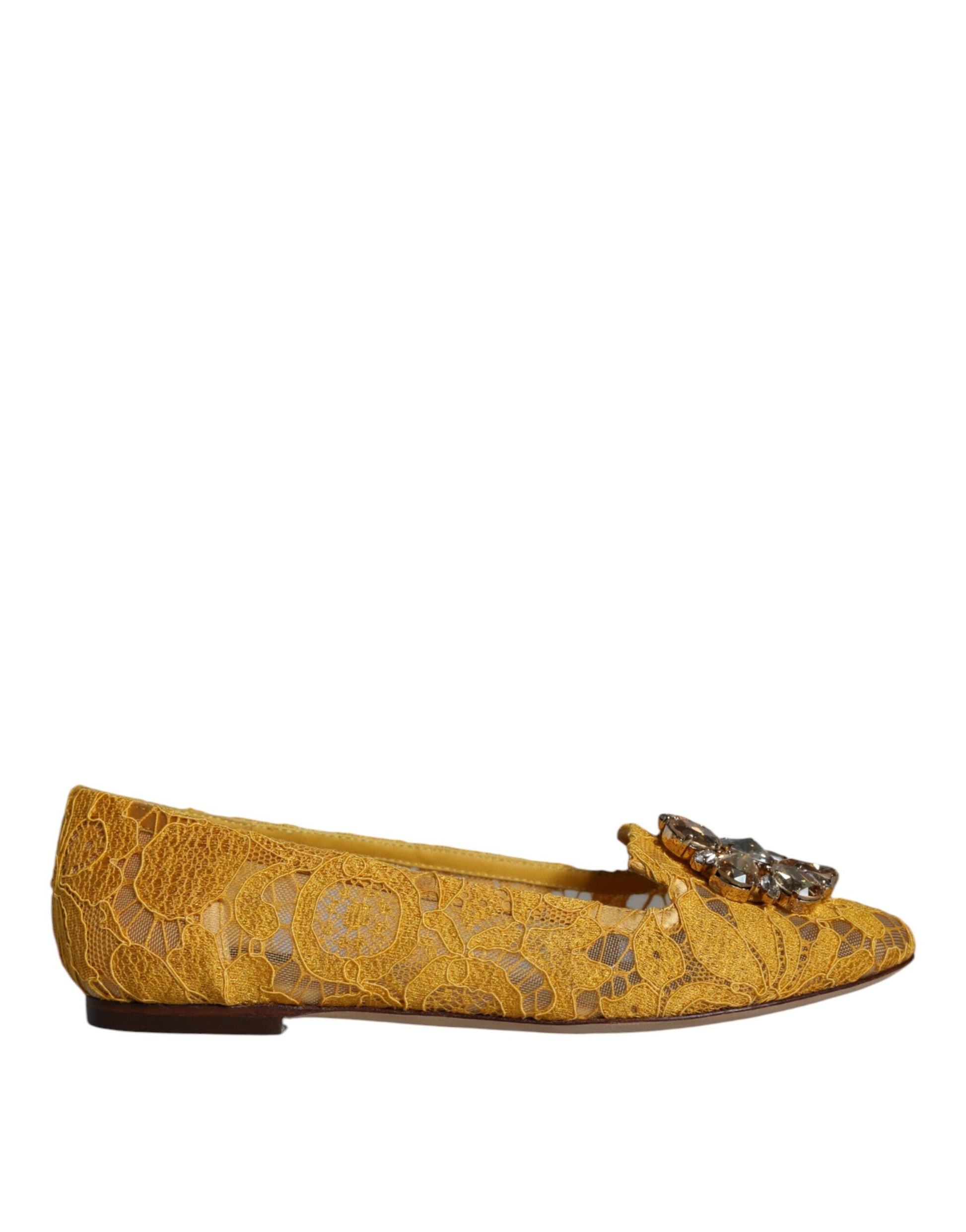 Dolce & Gabbana Mustard Lace Crystal Ballet Flats Loafer Shoes - ACCEXO
