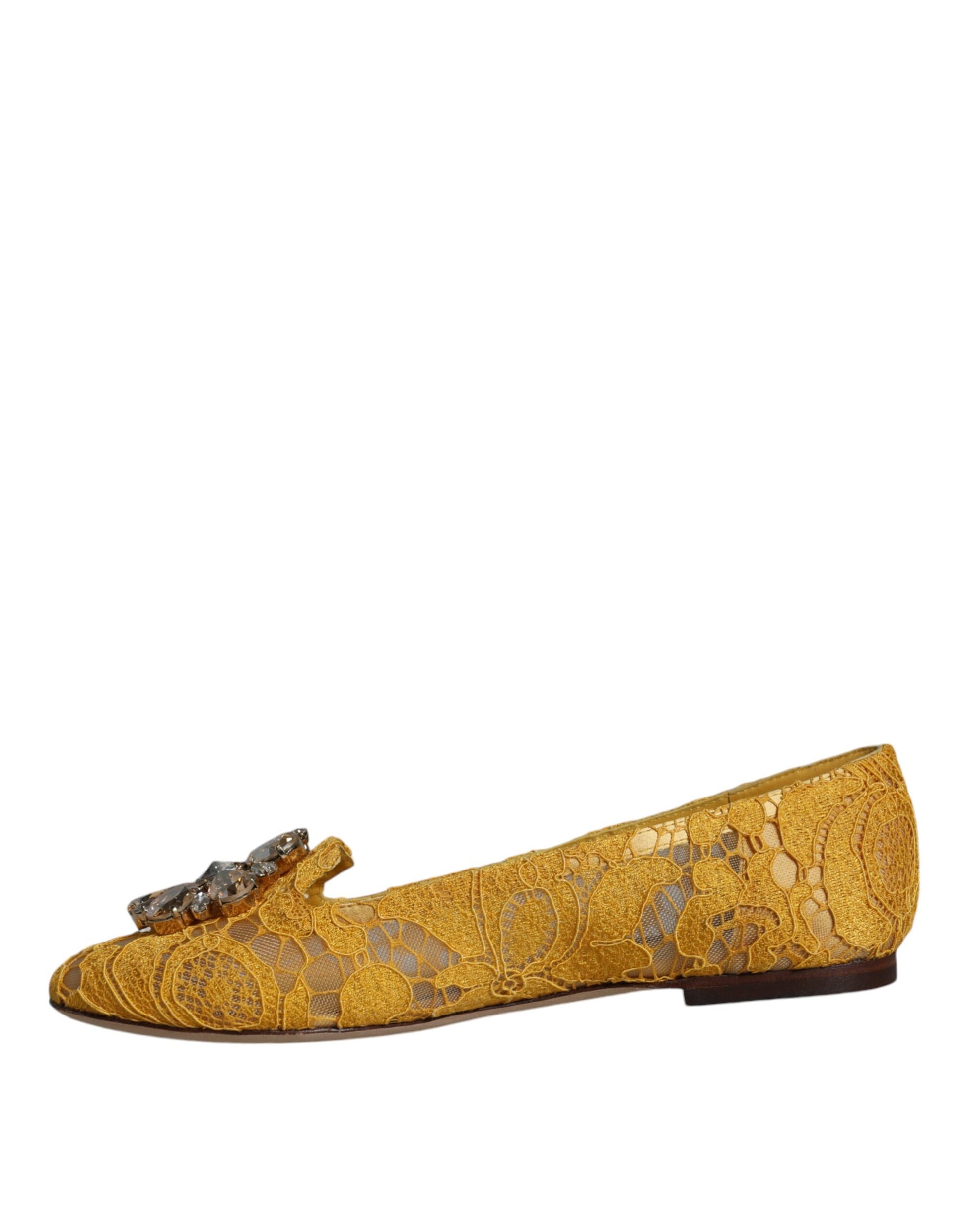 Dolce & Gabbana Mustard Lace Crystal Ballet Flats Loafer Shoes - ACCEXO
