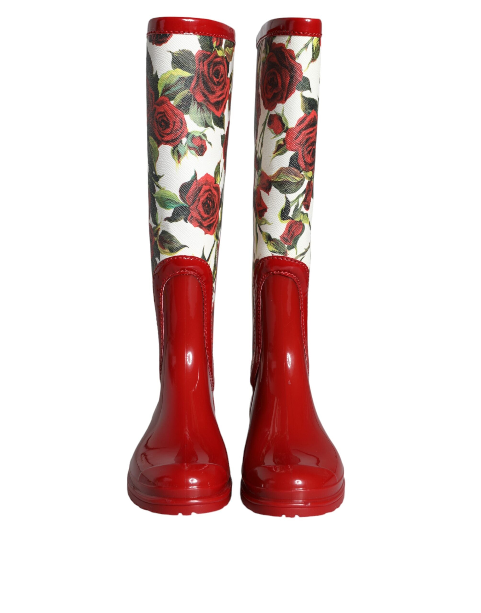 Dolce & Gabbana Red Floral Rubber Knee High Flat Boots Shoes - ACCEXO