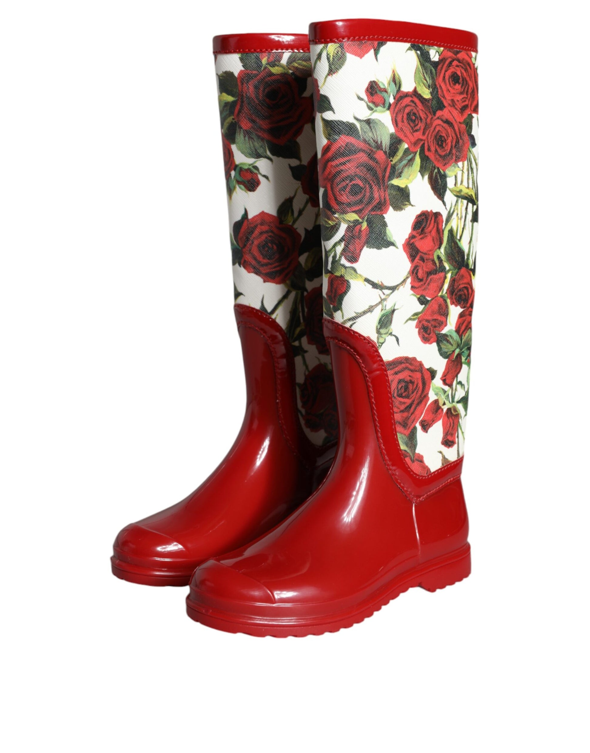 Dolce & Gabbana Red Floral Rubber Knee High Flat Boots Shoes - ACCEXO