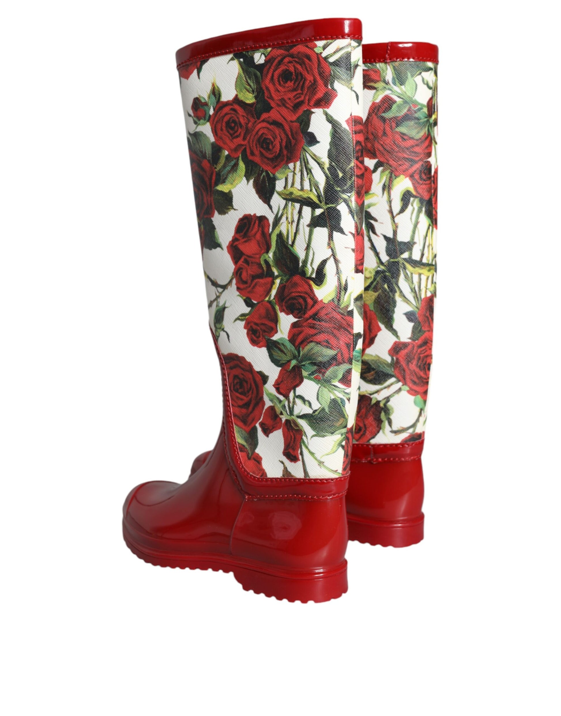 Dolce & Gabbana Red Floral Rubber Knee High Flat Boots Shoes - ACCEXO