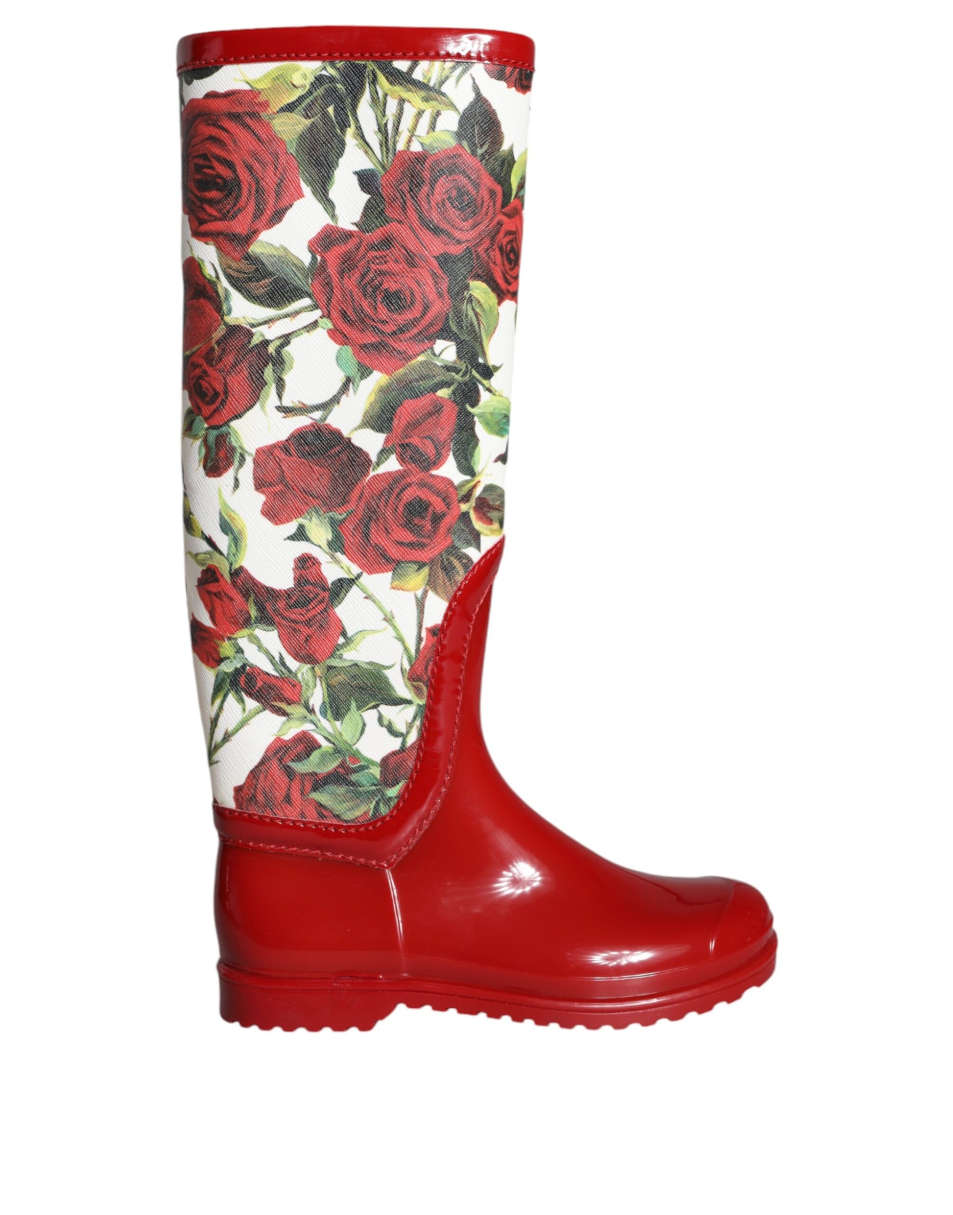 Dolce & Gabbana Red Floral Rubber Knee High Flat Boots Shoes - ACCEXO