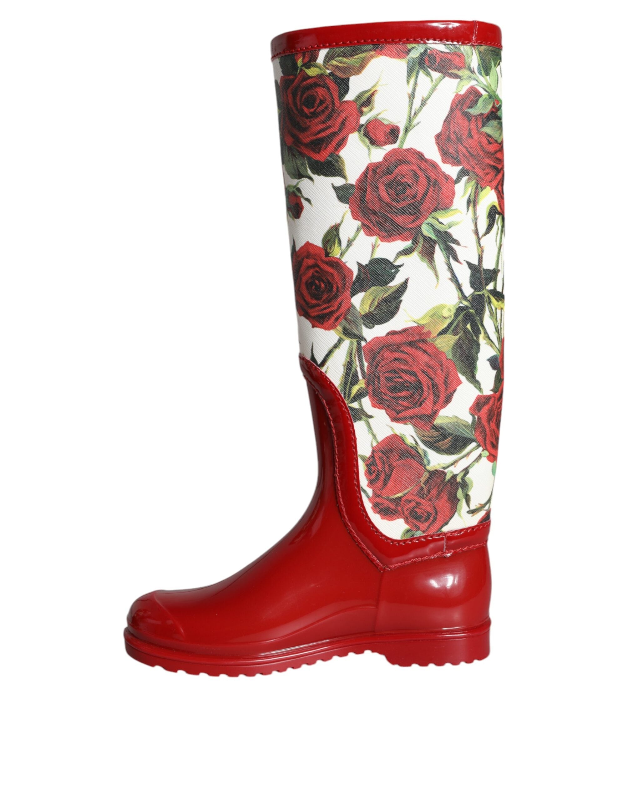 Dolce & Gabbana Red Floral Rubber Knee High Flat Boots Shoes - ACCEXO