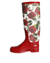 Dolce & Gabbana Red Floral Rubber Knee High Flat Boots Shoes