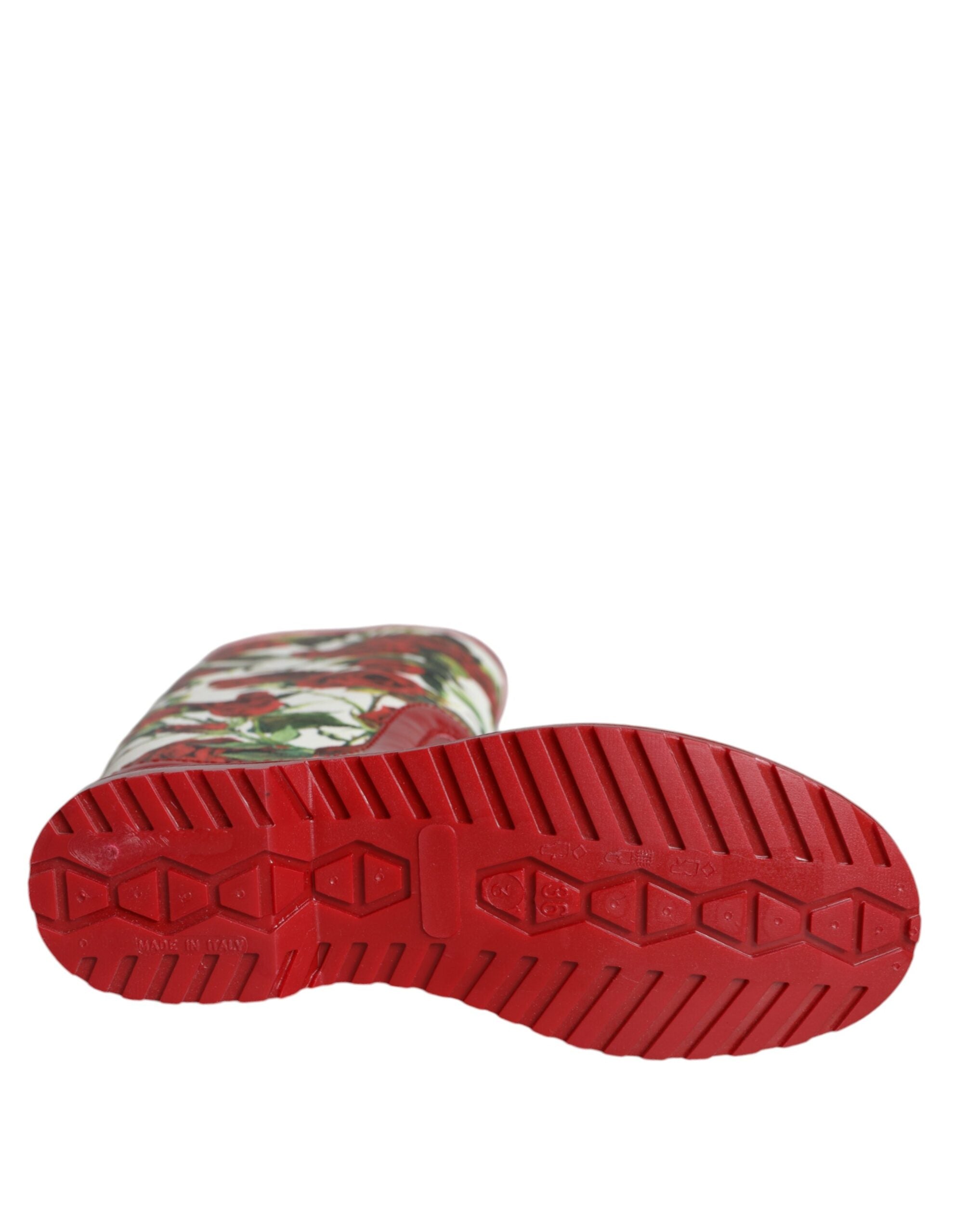 Dolce & Gabbana Red Floral Rubber Knee High Flat Boots Shoes - ACCEXO