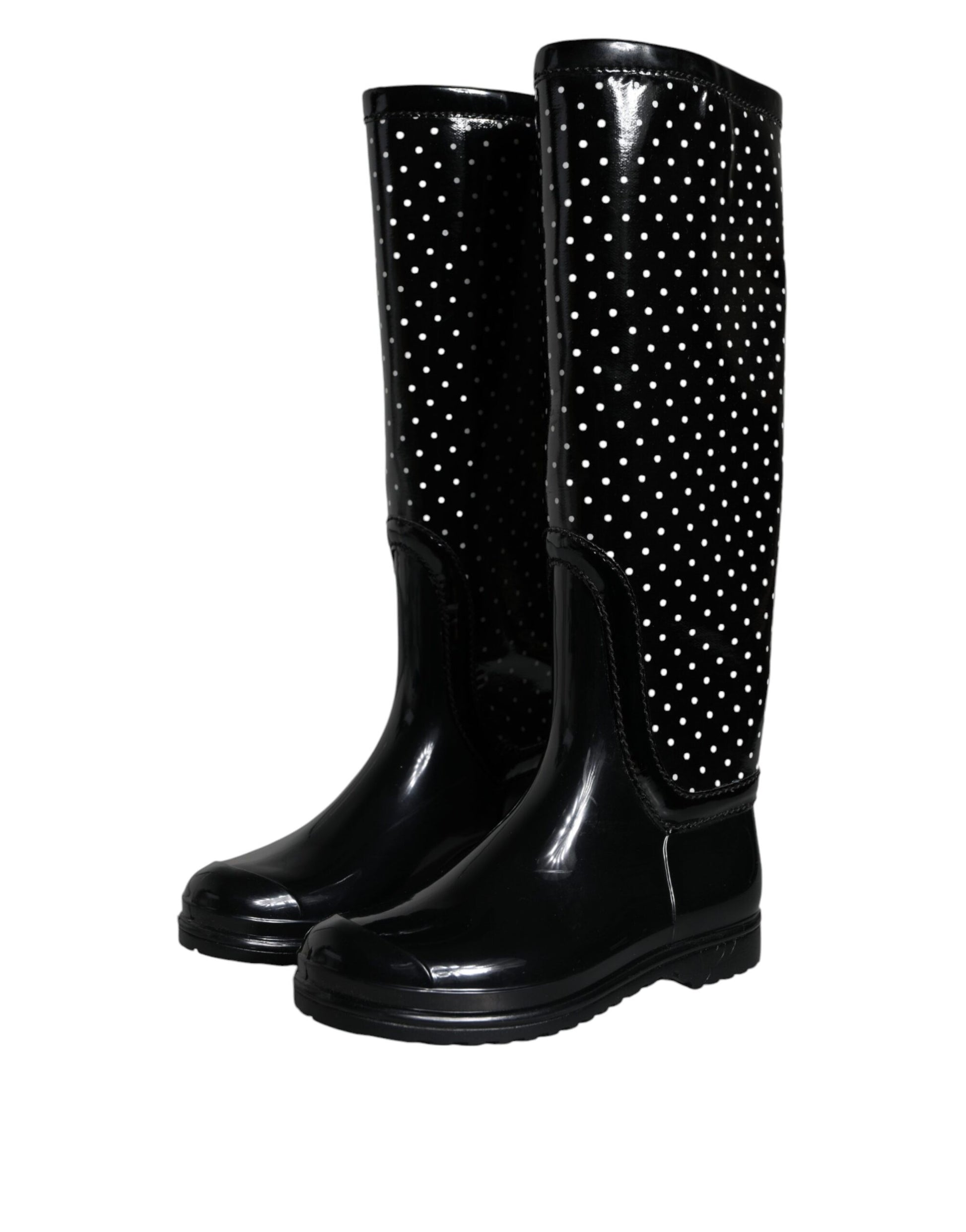 Dolce & Gabbana Black Polka Dot Rubber Knee High Boots Shoes - ACCEXO