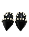 Dolce & Gabbana Black Leather Pearls Slides Sandals Shoes