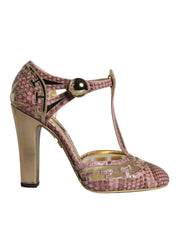 Dolce & Gabbana Pink Gold Leather Pumps T-strap Sandals Shoes - ACCEXO