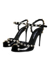 Dolce & Gabbana Black Leather Crystal Ankle Strap Sandals Shoes