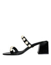 Dolce & Gabbana Black Leather Pearls Slides Sandals Shoes