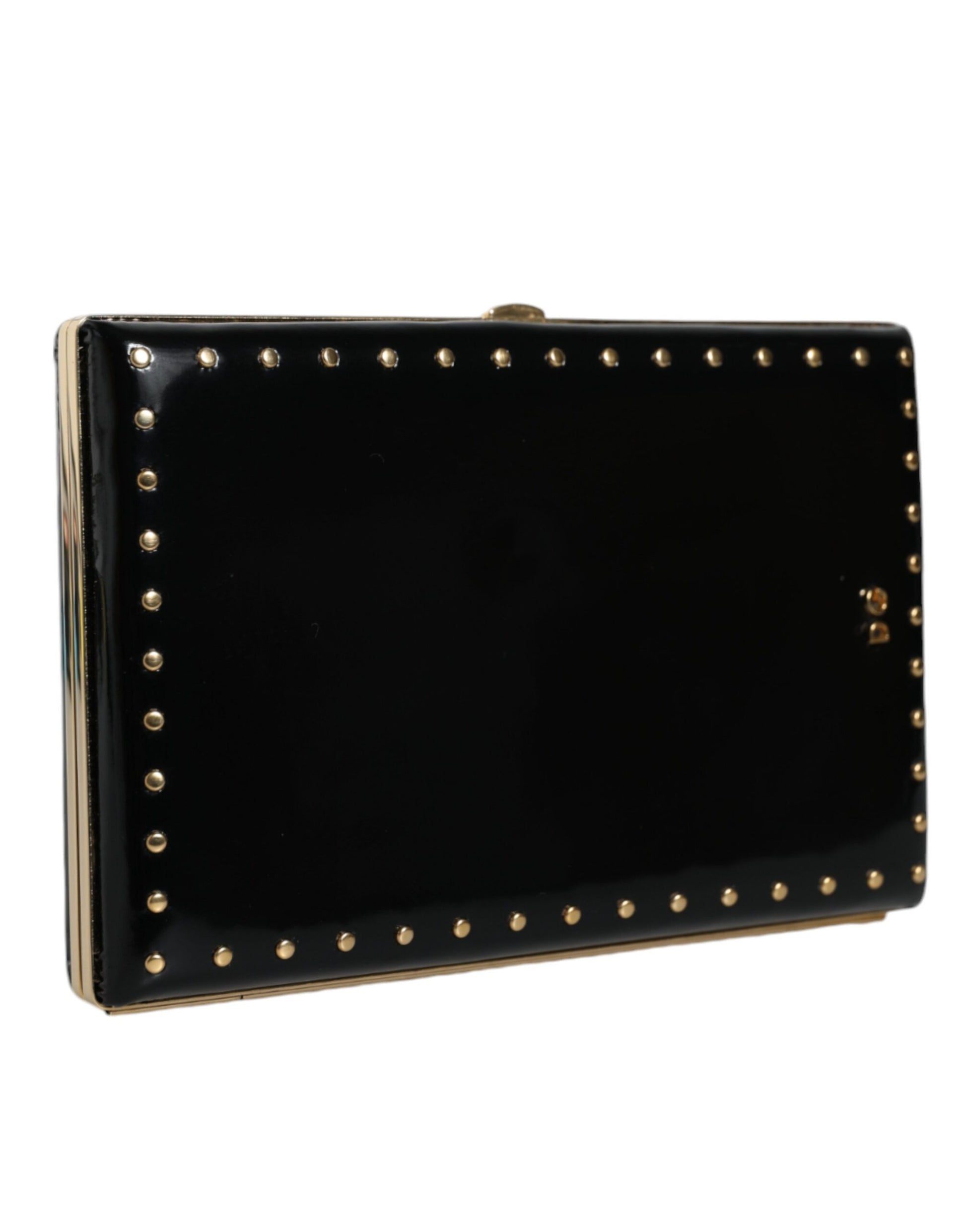 Dolce & Gabbana Black Leather Studs Gold Frame Clutch Evening Purse Bag - ACCEXO