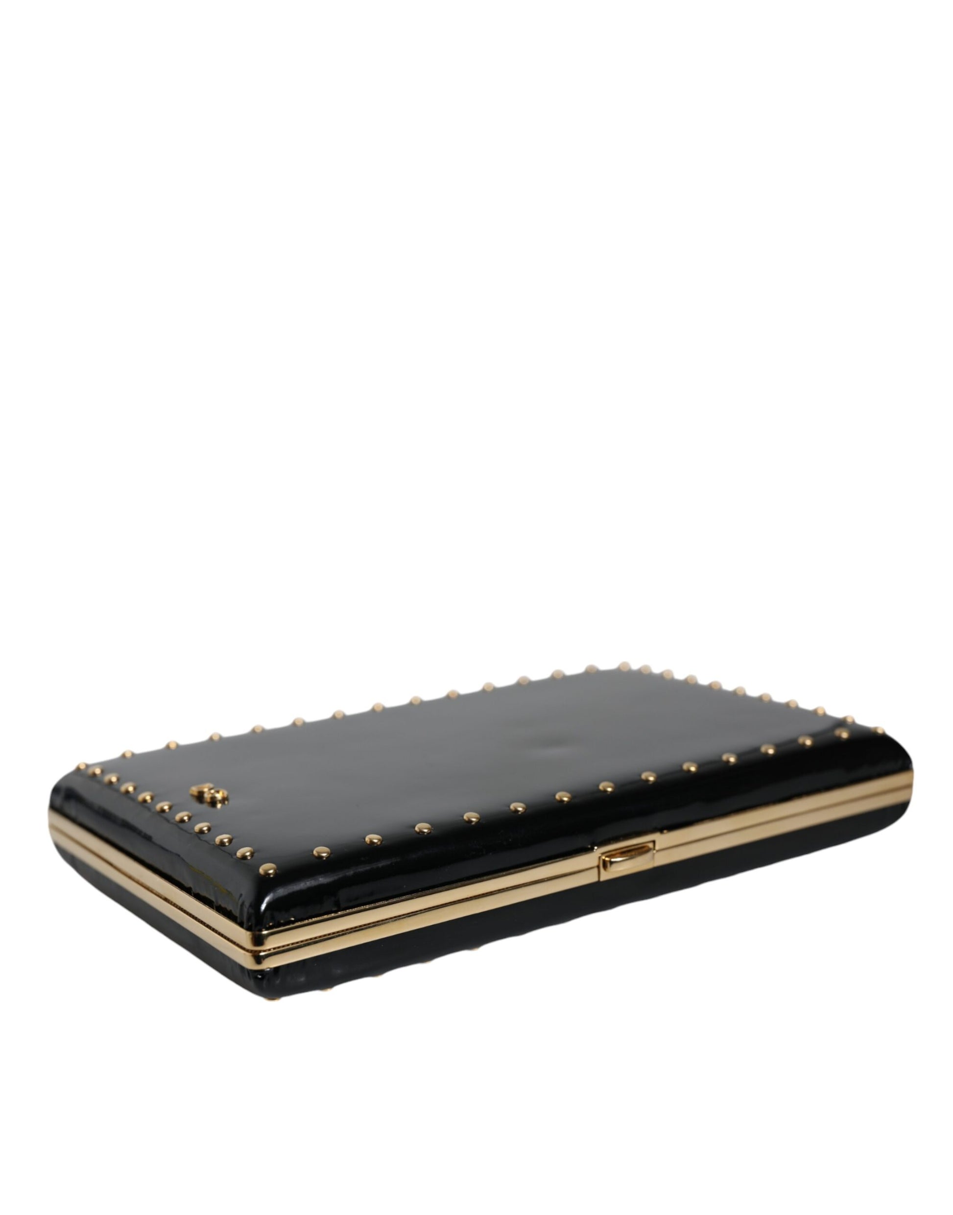 Dolce & Gabbana Black Leather Studs Gold Frame Clutch Evening Purse Bag - ACCEXO
