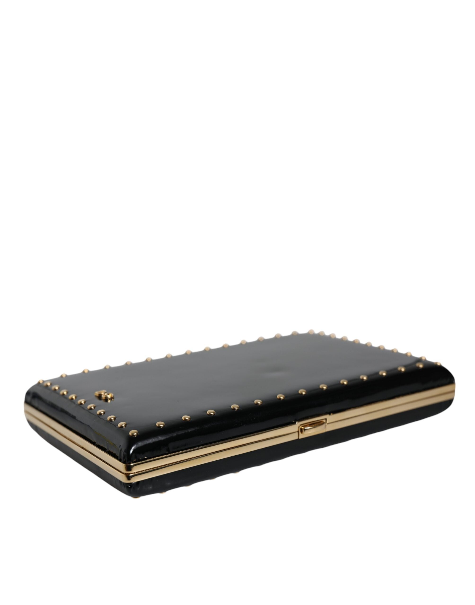 Dolce & Gabbana Black Leather Studs Gold Frame Clutch Evening Purse Bag - ACCEXO