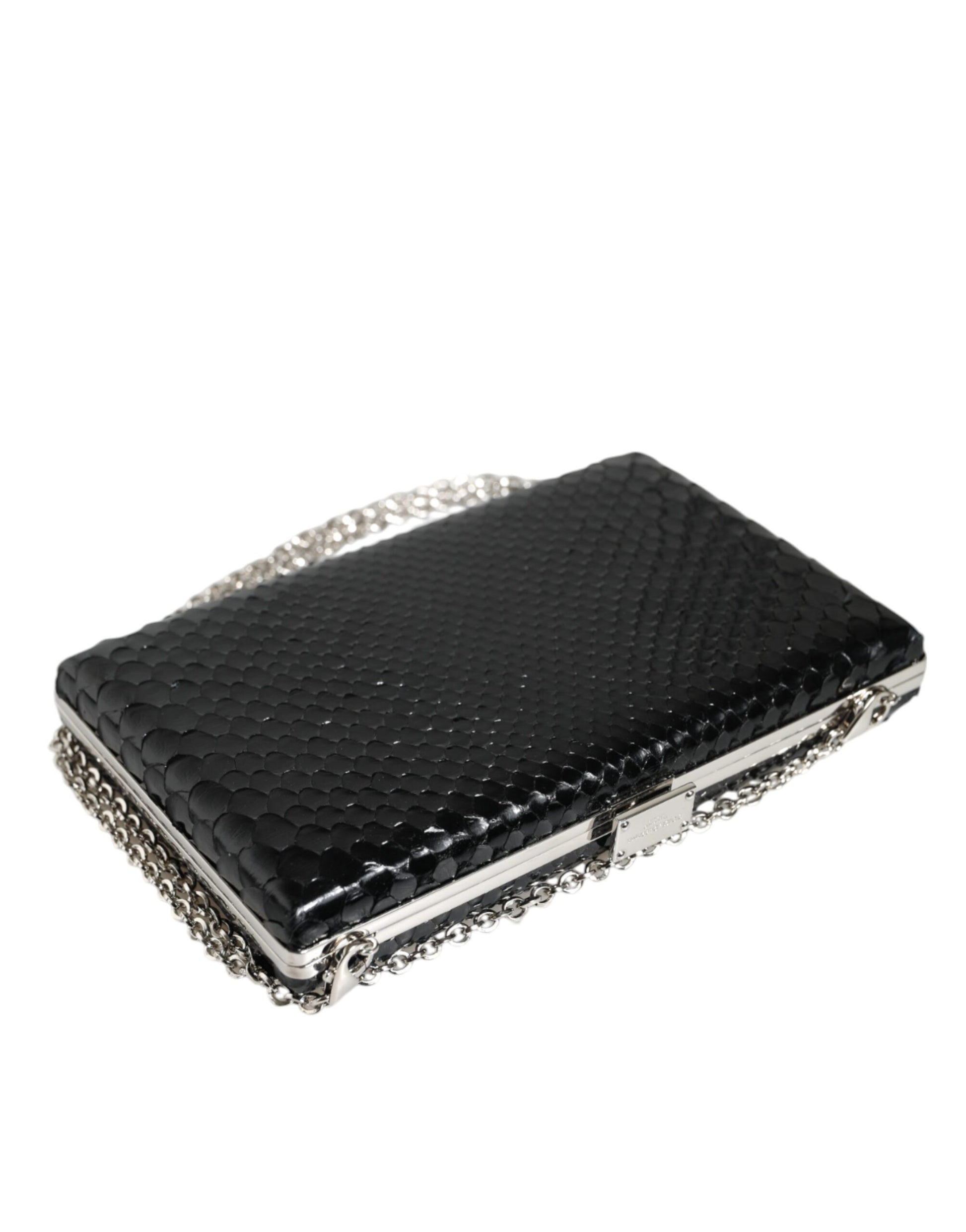 Dolce & Gabbana Black Leather Silver Frame Clutch Mini Crossbody Bag - ACCEXO