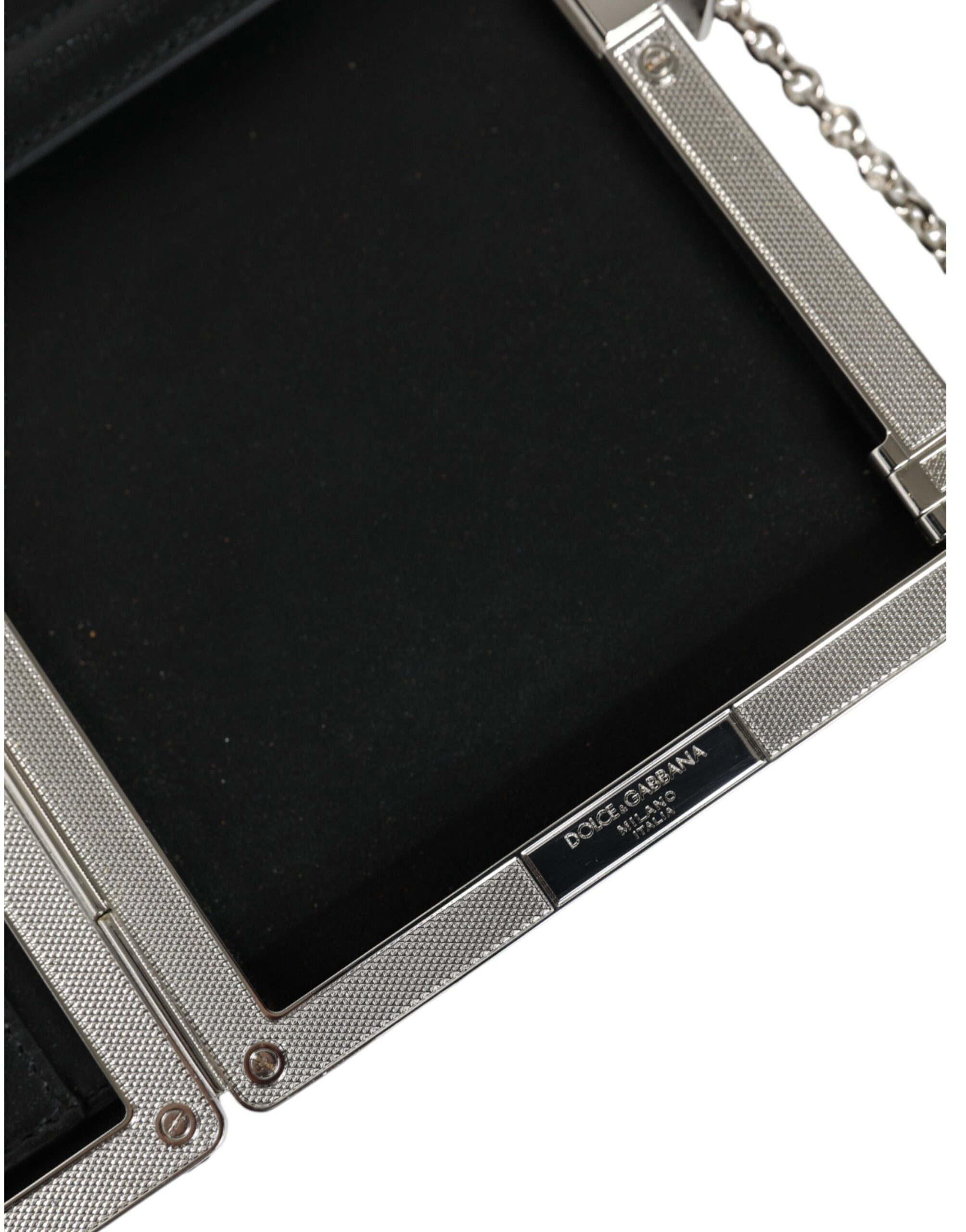 Dolce & Gabbana Black Leather Silver Frame Clutch Mini Crossbody Bag - ACCEXO