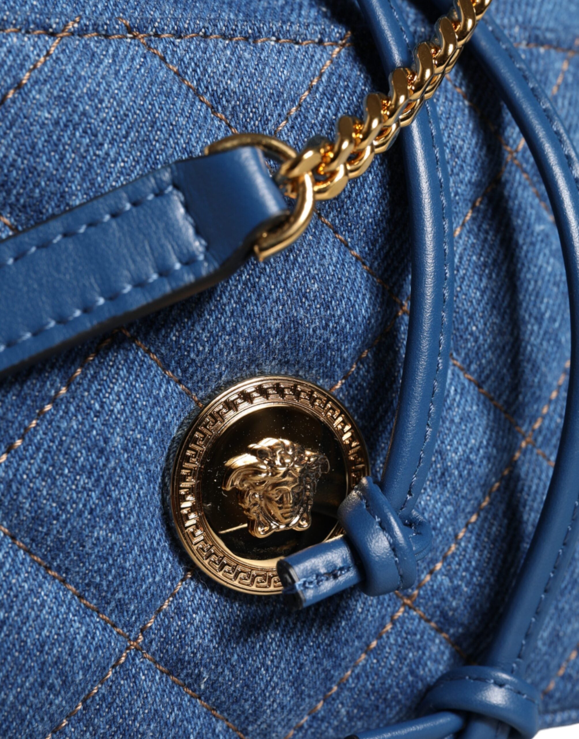 Versace Blue Quilted Denim Leather Crossbody Shoulder Bag - ACCEXO