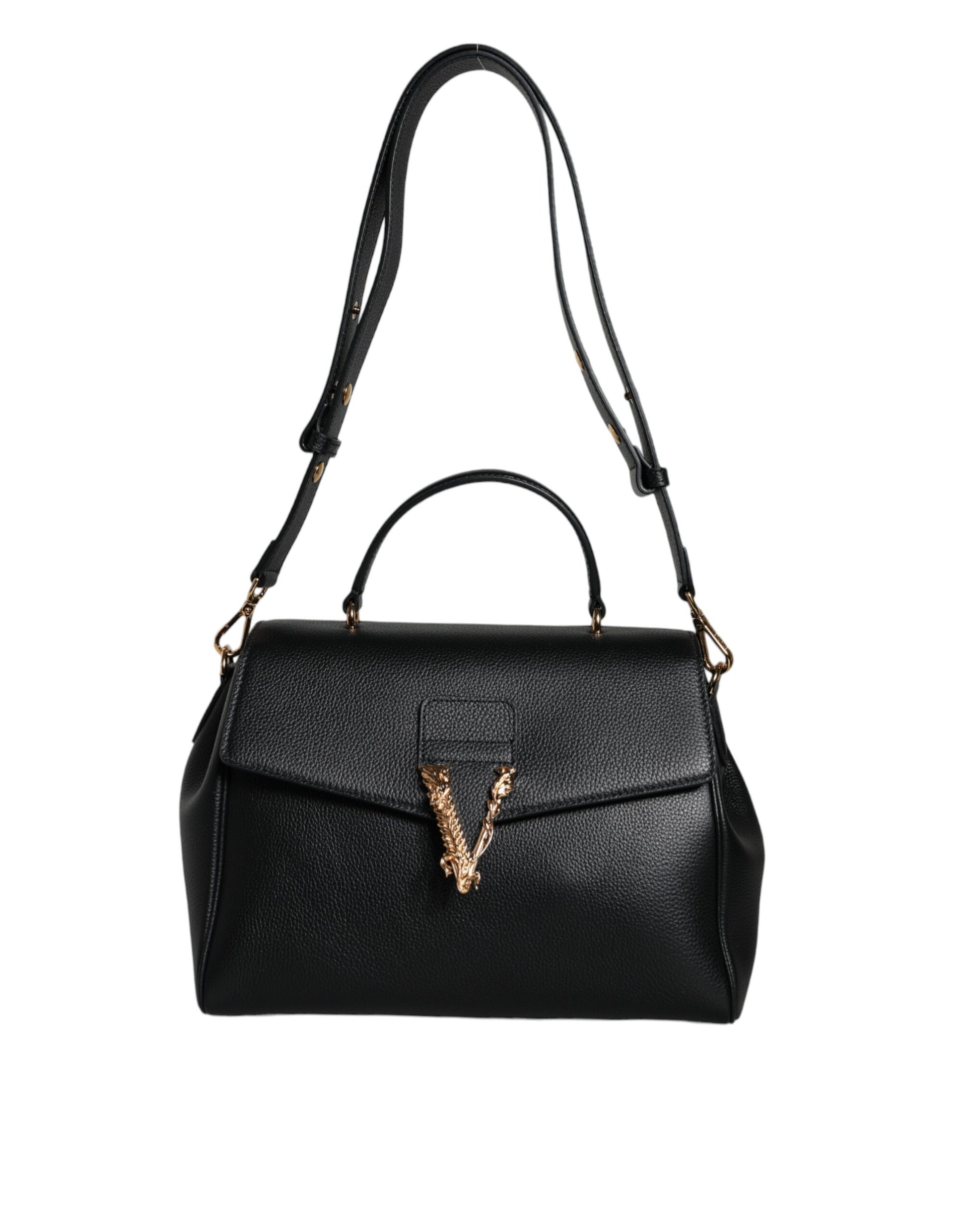 Versace Black Top Handle Grainy Calfskin Leather Crossbody Bag - ACCEXO