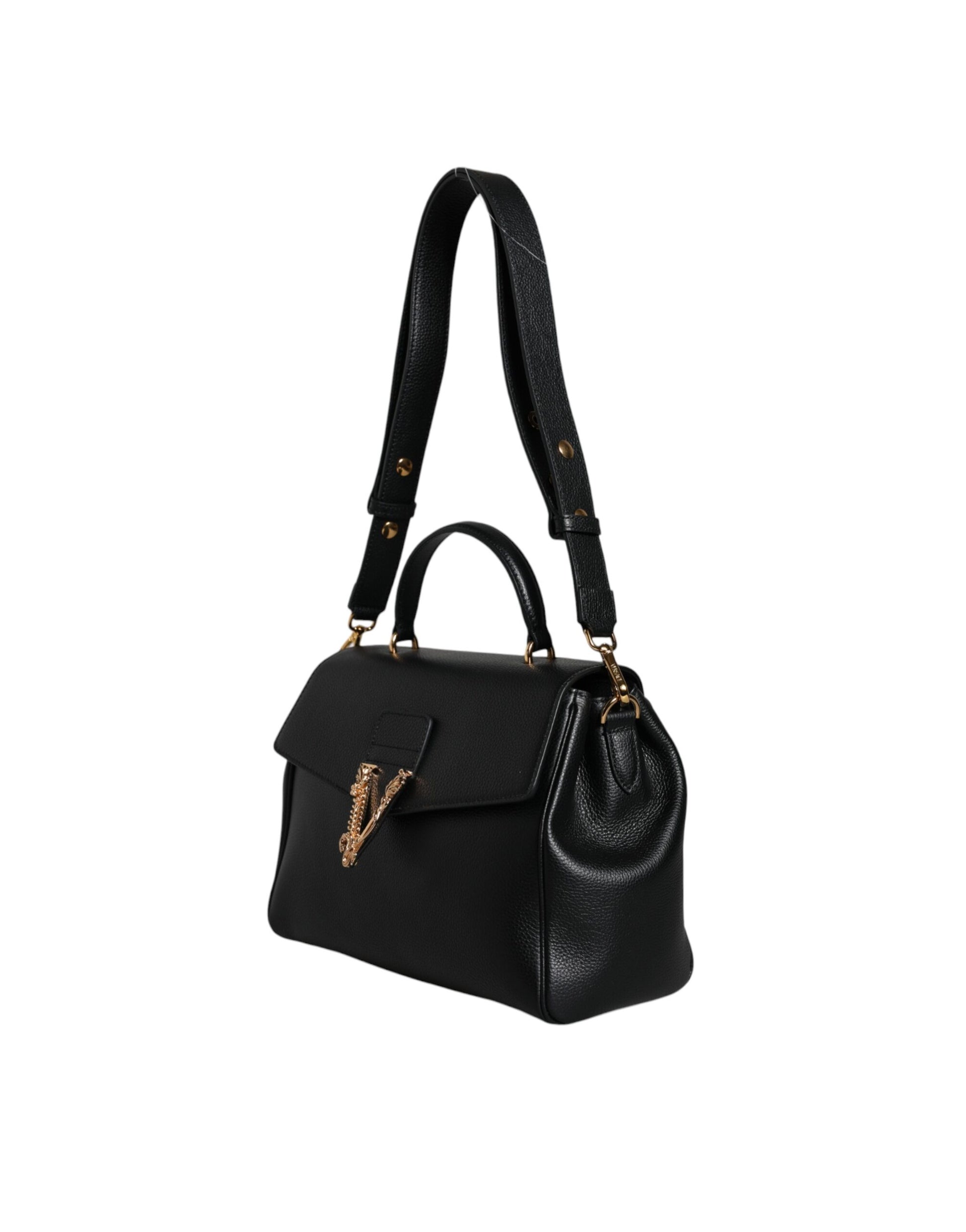 Versace Black Top Handle Grainy Calfskin Leather Crossbody Bag - ACCEXO