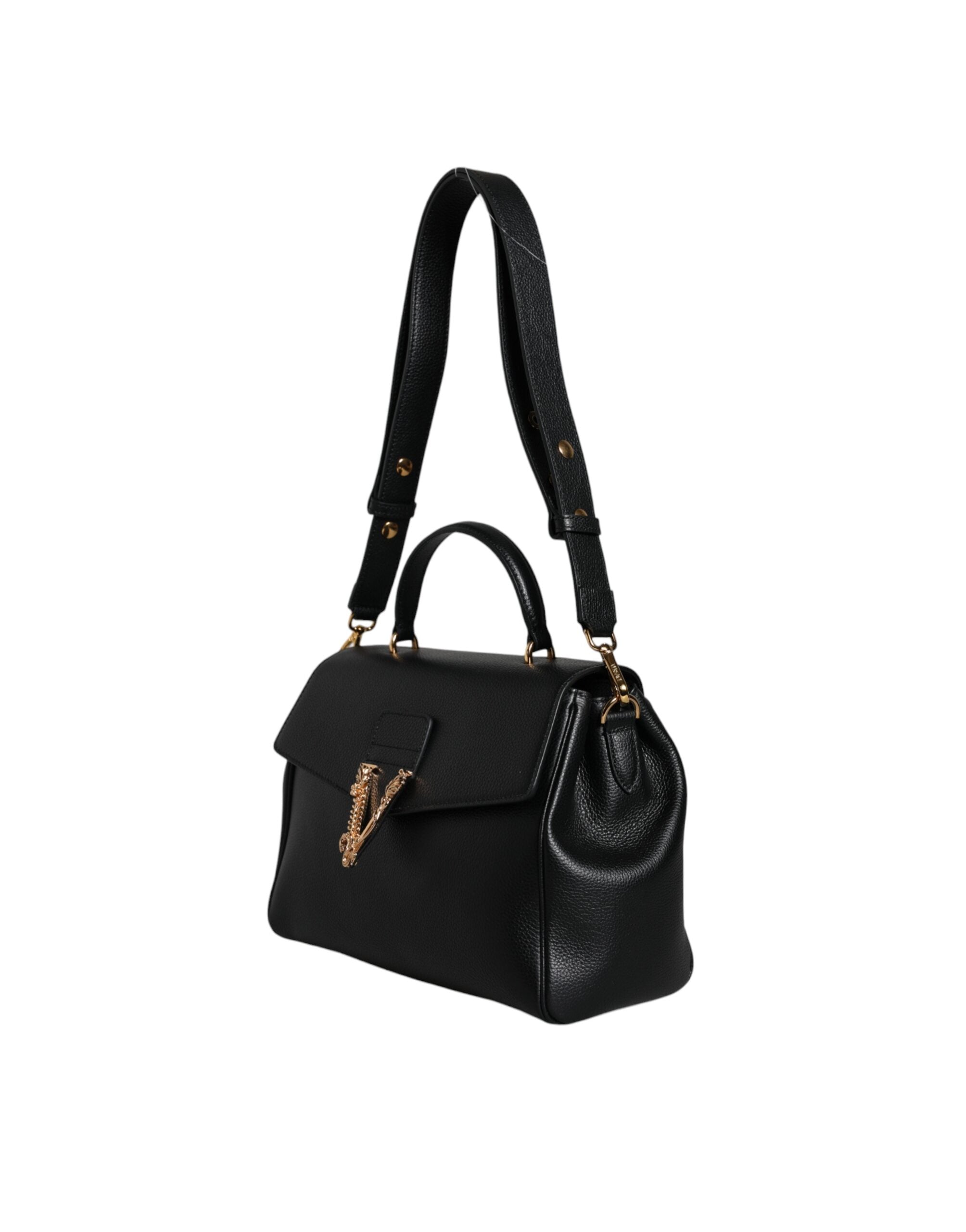 Versace Black Top Handle Grainy Calfskin Leather Crossbody Bag - ACCEXO