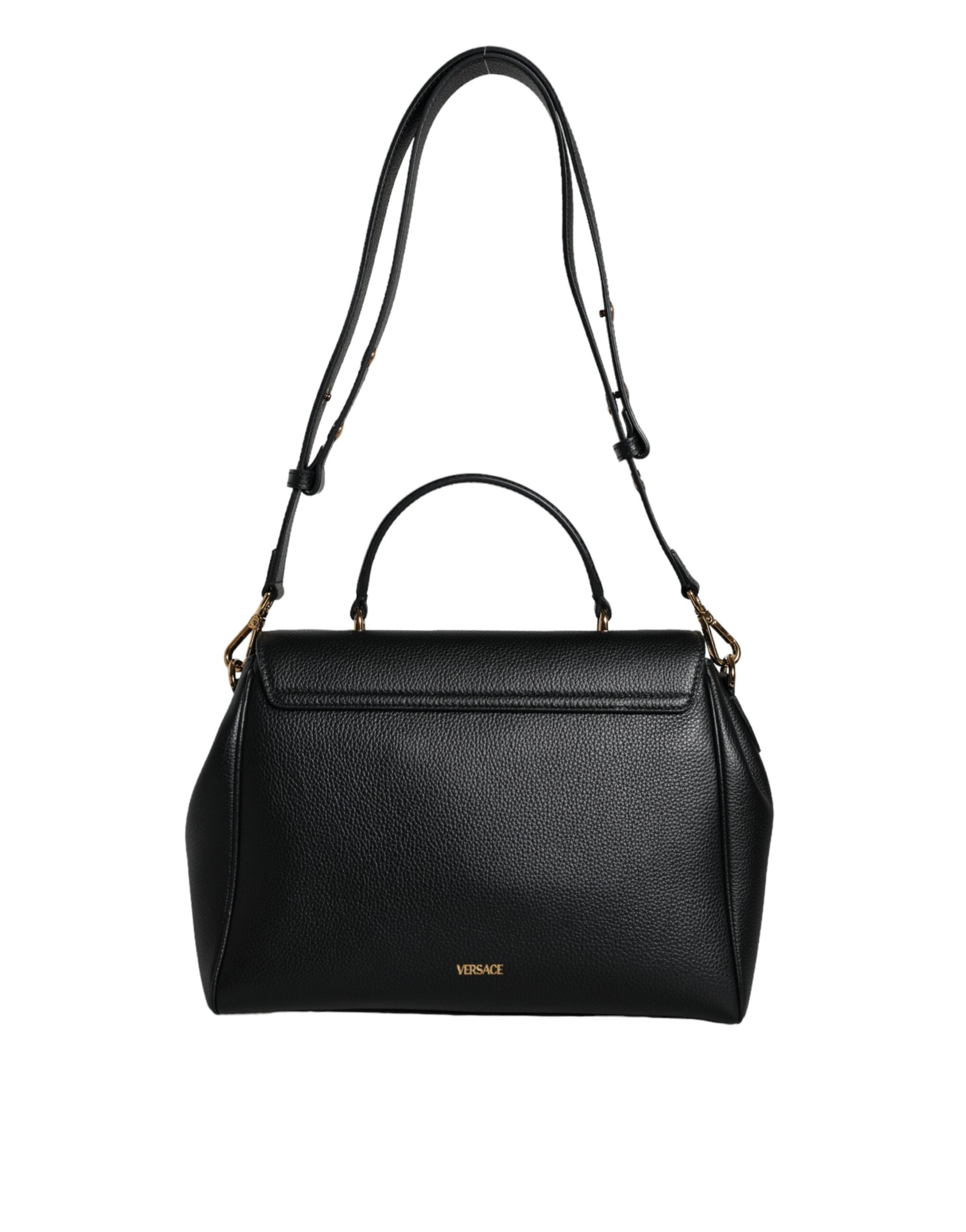 Versace Black Top Handle Grainy Calfskin Leather Crossbody Bag - ACCEXO