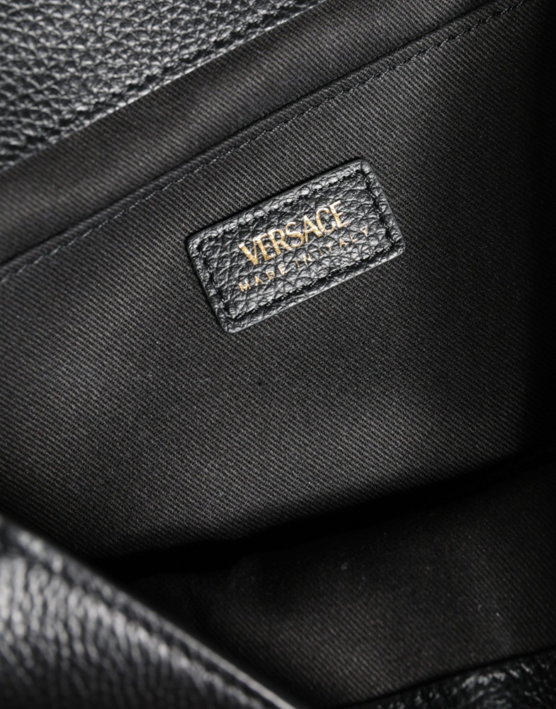 Versace Black Top Handle Grainy Calfskin Leather Crossbody Bag - ACCEXO