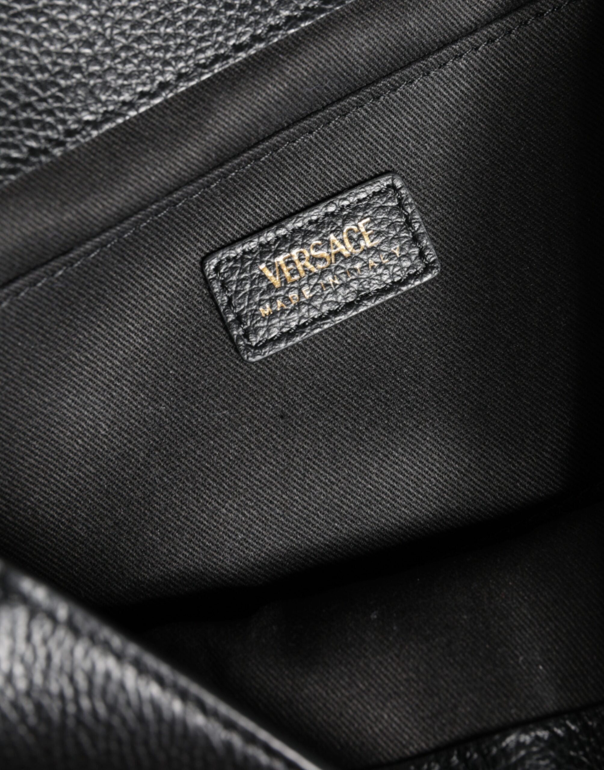 Versace Black Top Handle Grainy Calfskin Leather Crossbody Bag - ACCEXO