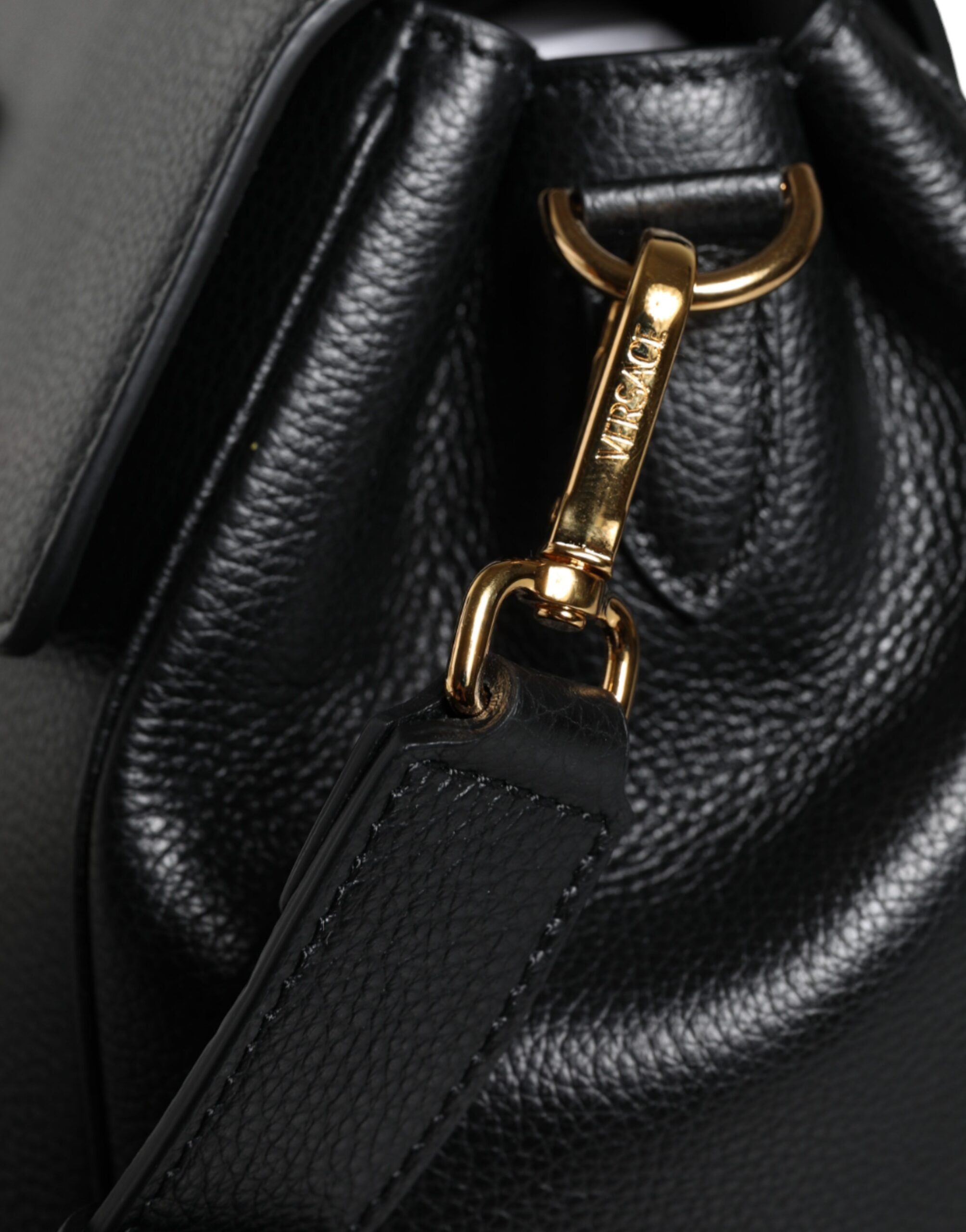Versace Black Top Handle Grainy Calfskin Leather Crossbody Bag - ACCEXO