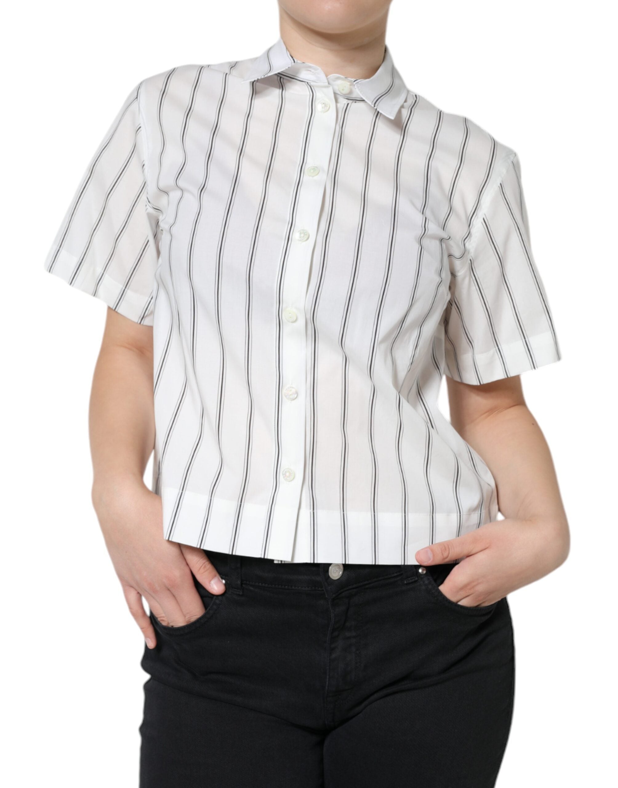 Dolce & Gabbana White Striped Collared Short Sleeve Polo Top - ACCEXO