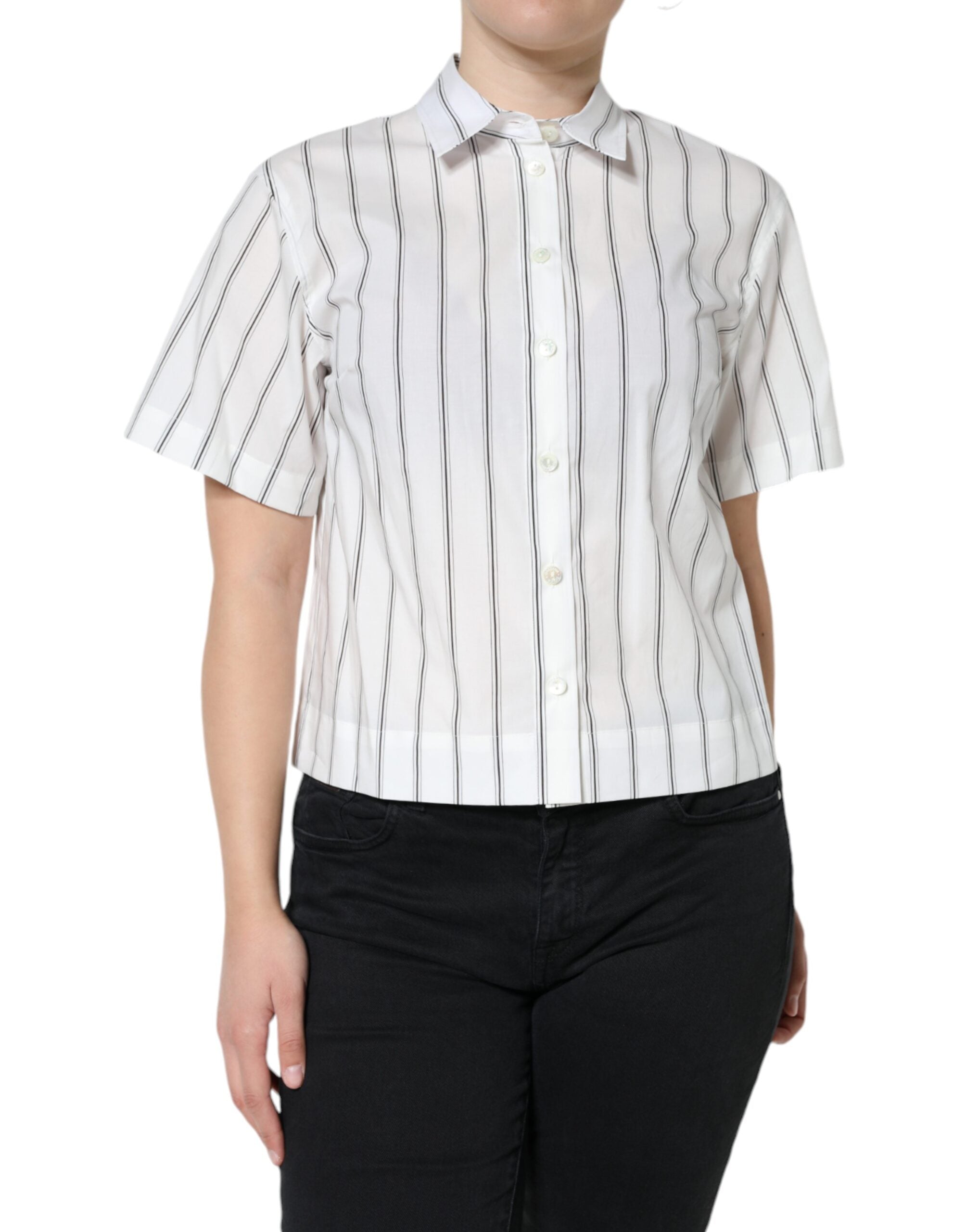 Dolce & Gabbana White Striped Collared Short Sleeve Polo Top - ACCEXO