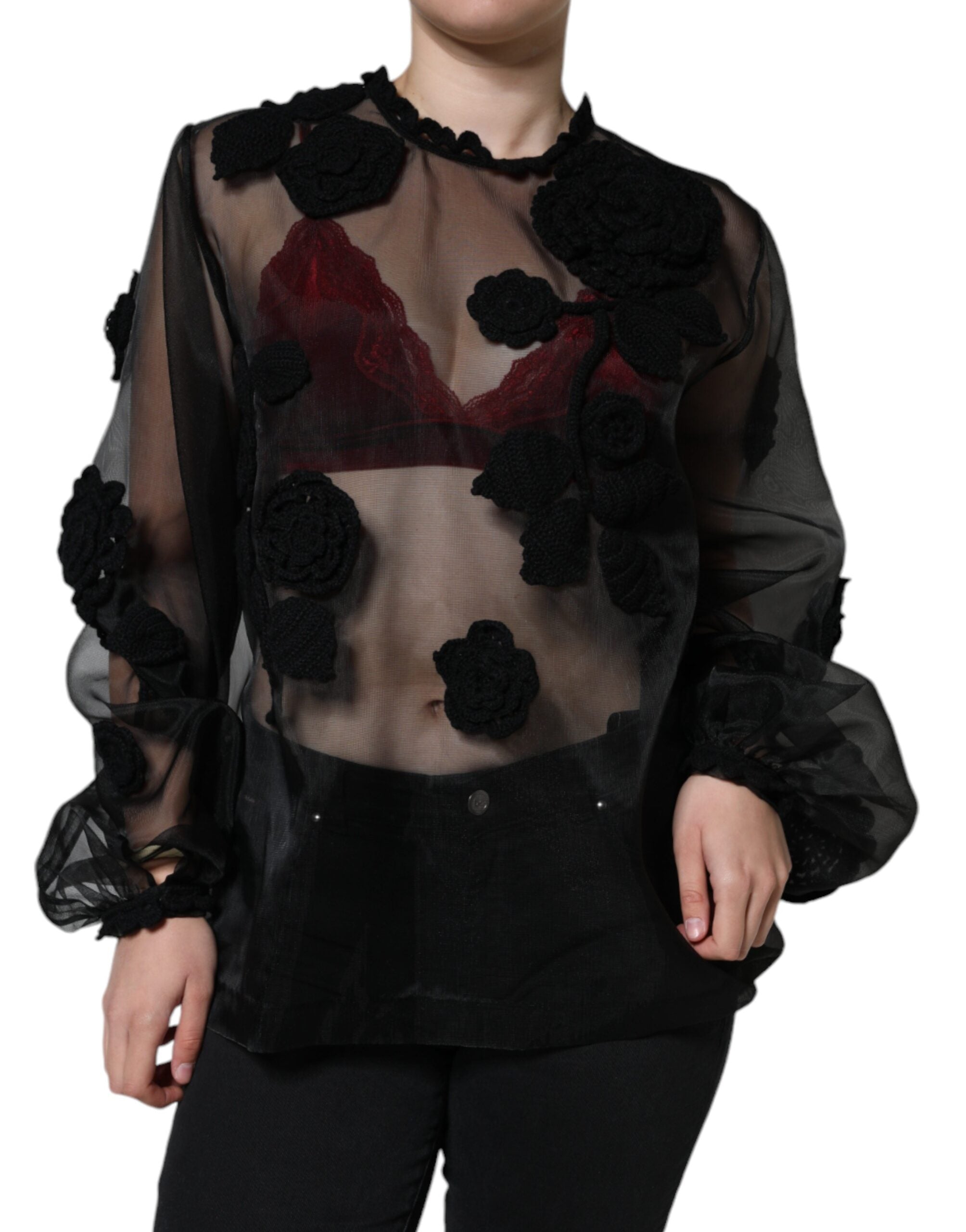Dolce & Gabbana Black Nylon Mesh Transparent Floral Blouse - ACCEXO