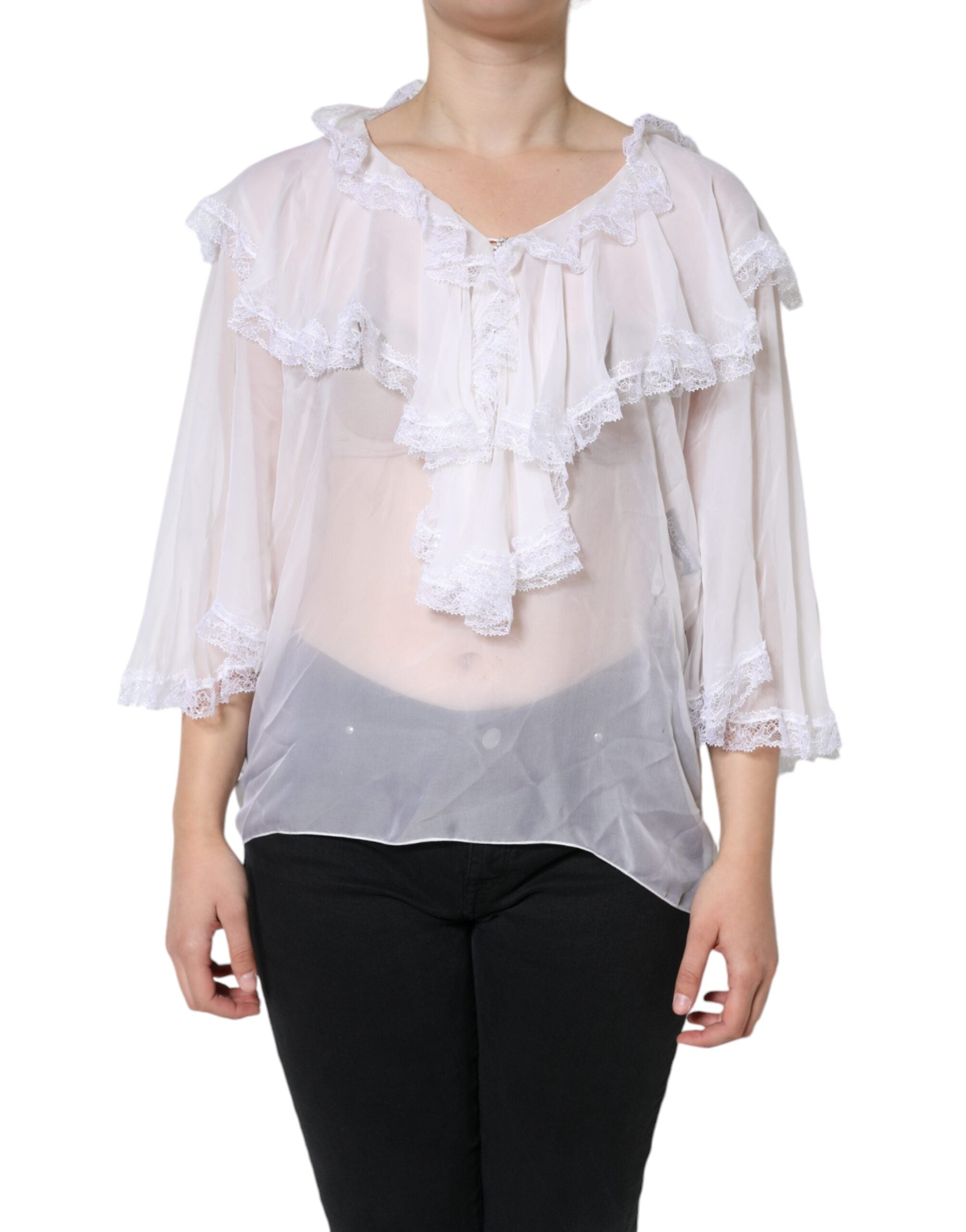 Dolce & Gabbana White Ruffles Lace Long Sleeve Blouse Top - ACCEXO