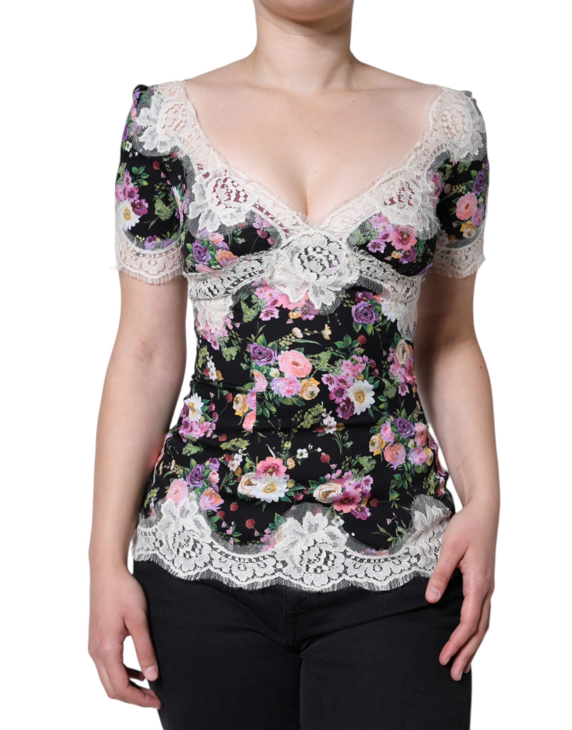 Dolce & Gabbana Black Floral Lace Short Sleeves Blouse Top - ACCEXO