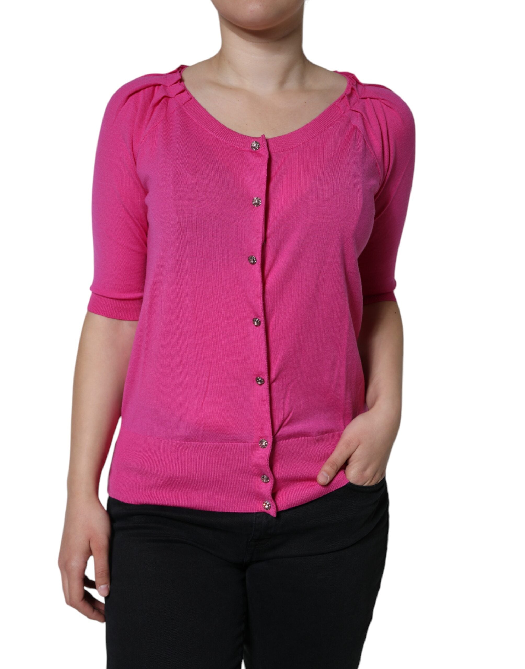 Dolce & Gabbana Pink Wool Button Down Short Sleeve Blouse Top - ACCEXO