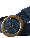 Blue Leather Gold Oval Buckle Wide Belt