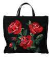 Black Cashmere Rose Embroidery Shopping Tote Bag