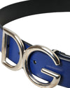 Blue Leather Silver Metal Logo Buckle Belt Men