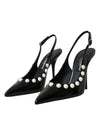 Black Leather Faux Pearl Heel Slingback Shoes