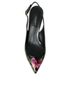 Black Floral Leather Heels Slingback Shoes