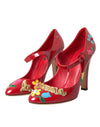 Red Leather Embellished Mary Jane Pumps Heels Shoes