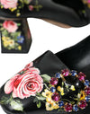 Black Floral Crystals Leather Pumps Shoes
