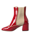 Red Beige Leather Embellished Mid Calf Boots Shoes