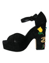 Black Floral Ankle Strap Heels Sandals Shoes
