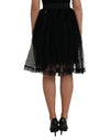Black Nylon Lace Trim High Waist A-line Skirt