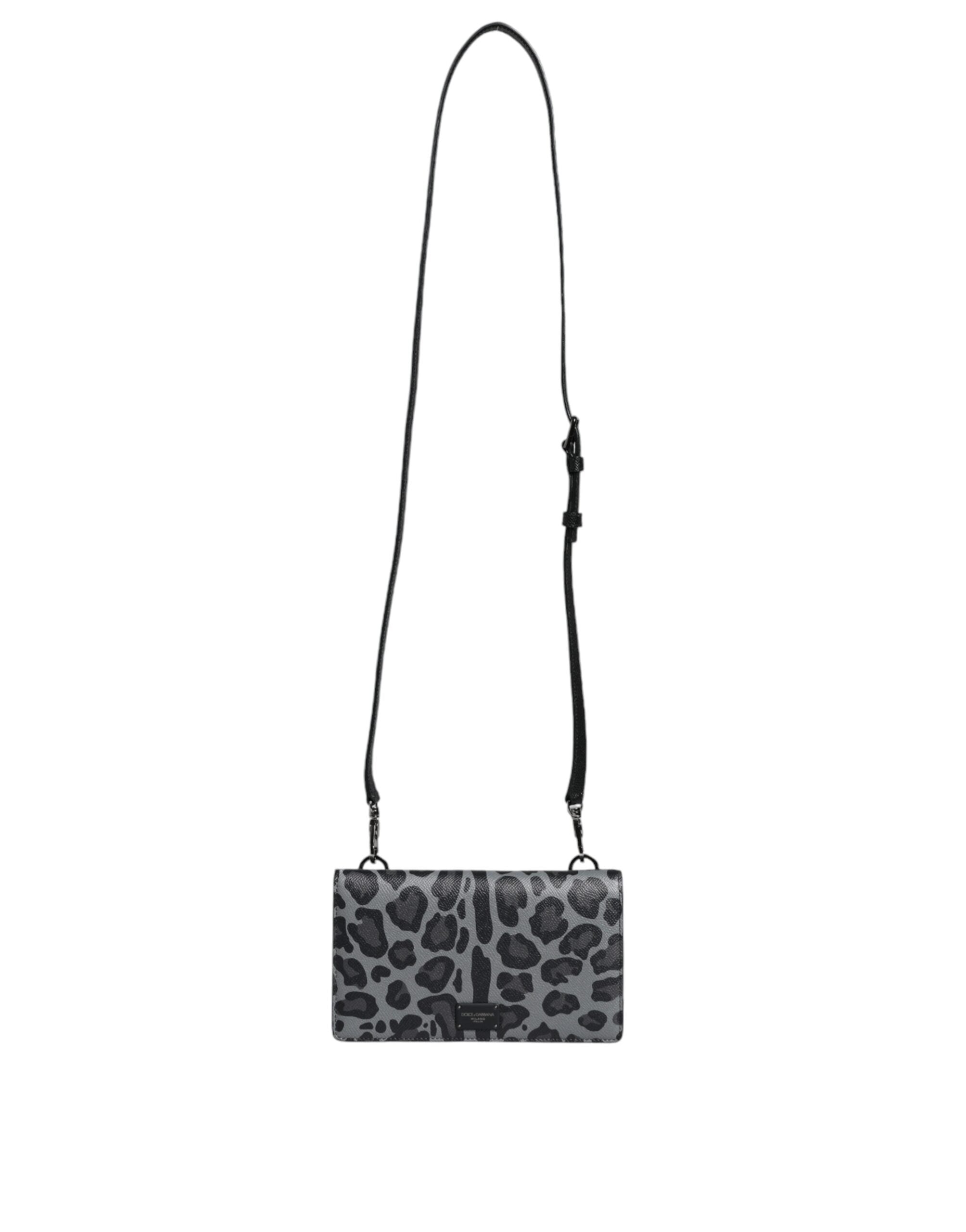 Dolce & Gabbana Black Gray Leopard Leather Bifold Card Slot Crossbody Bag - ACCEXO