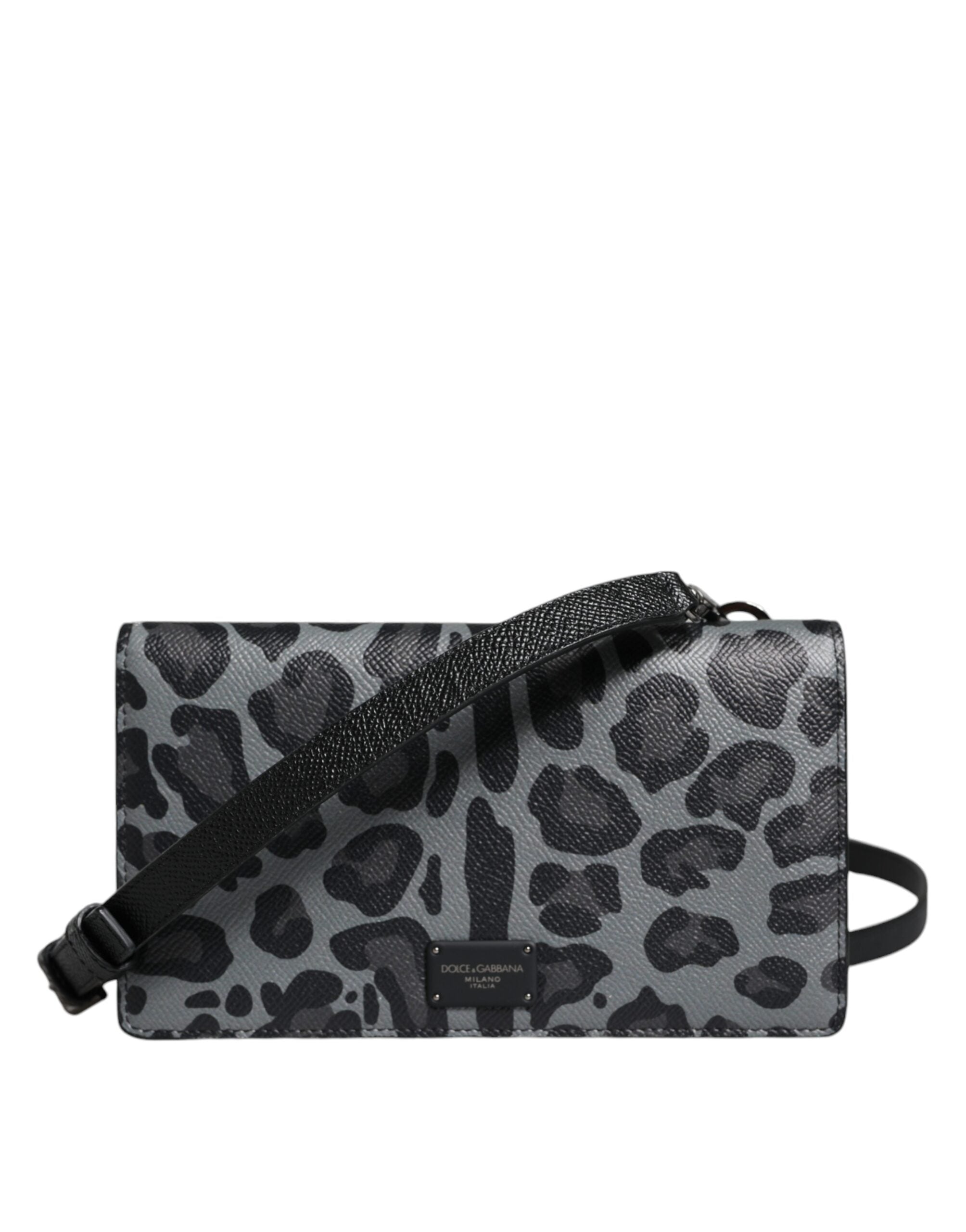 Dolce & Gabbana Black Gray Leopard Leather Bifold Card Slot Crossbody Bag - ACCEXO